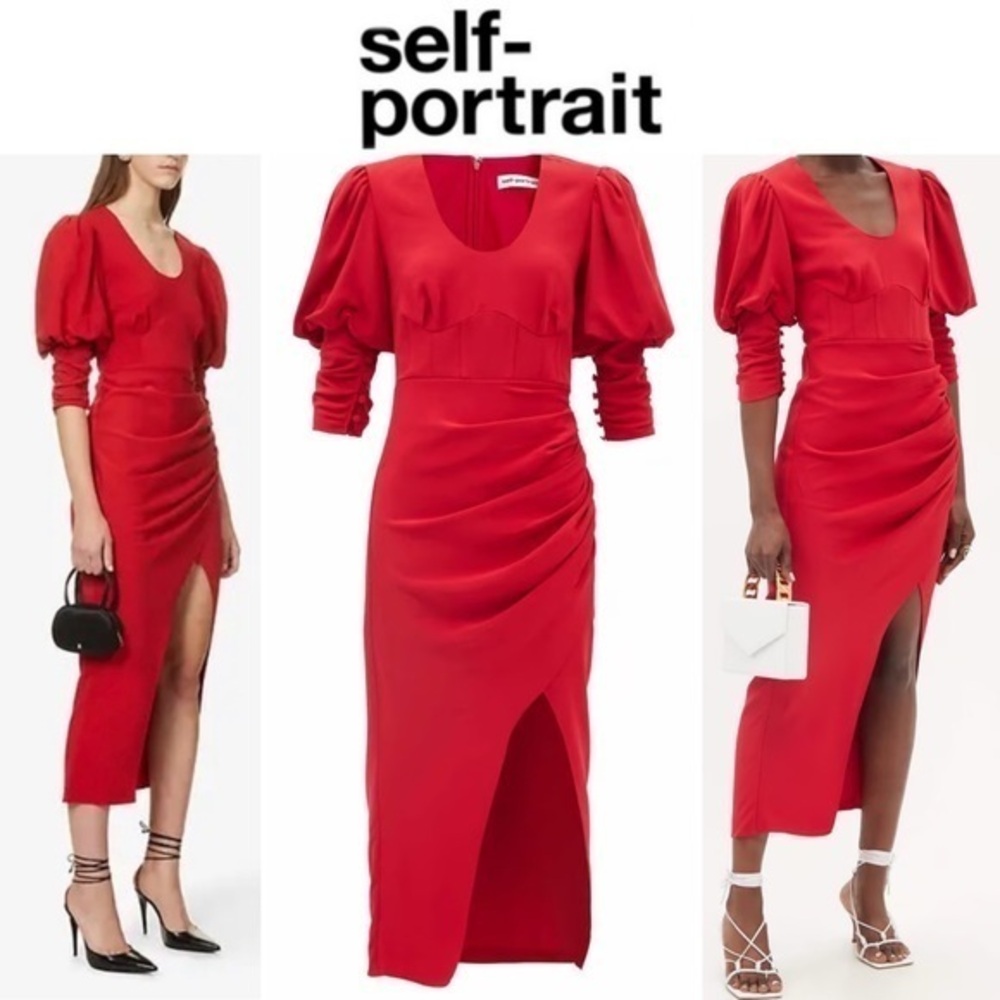 SELF-PORTRAIT Puff-sleeve Crepe Midi Dress in Red sz 2 510$